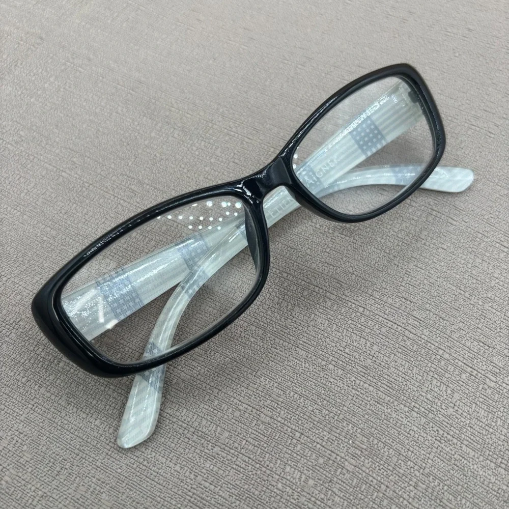 Etienne Aigner Black Rectangular Eyeglasses Plaid Temples Chic Academic Frames